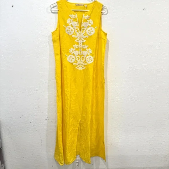 Soft Surroundings Maxi Dress Small Yellow Embroidered Linen Resort Vacation - Picture 1 of 7